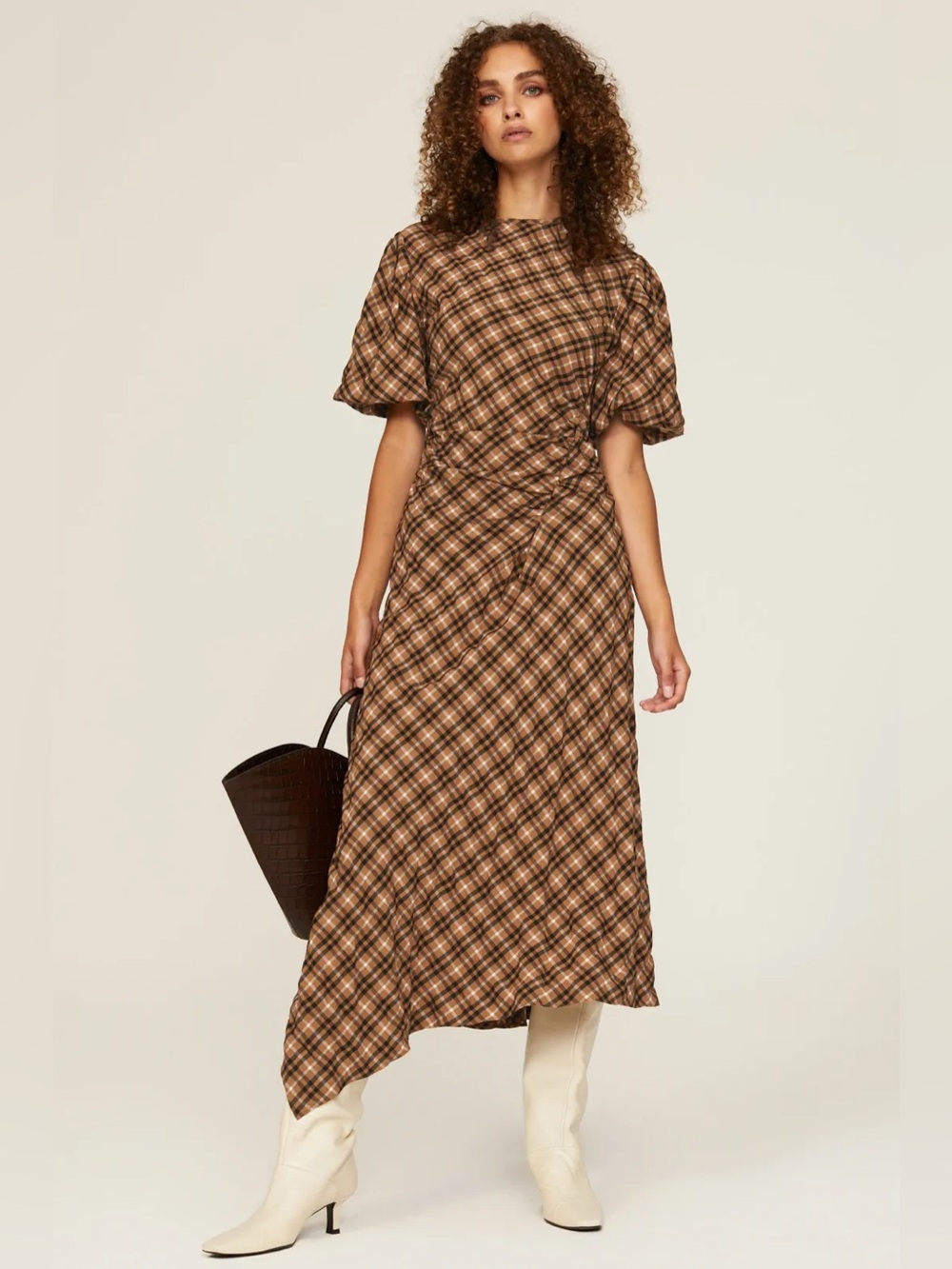 Jonathan Simkhai Marnie washed plaid midi dress brown black size extra small